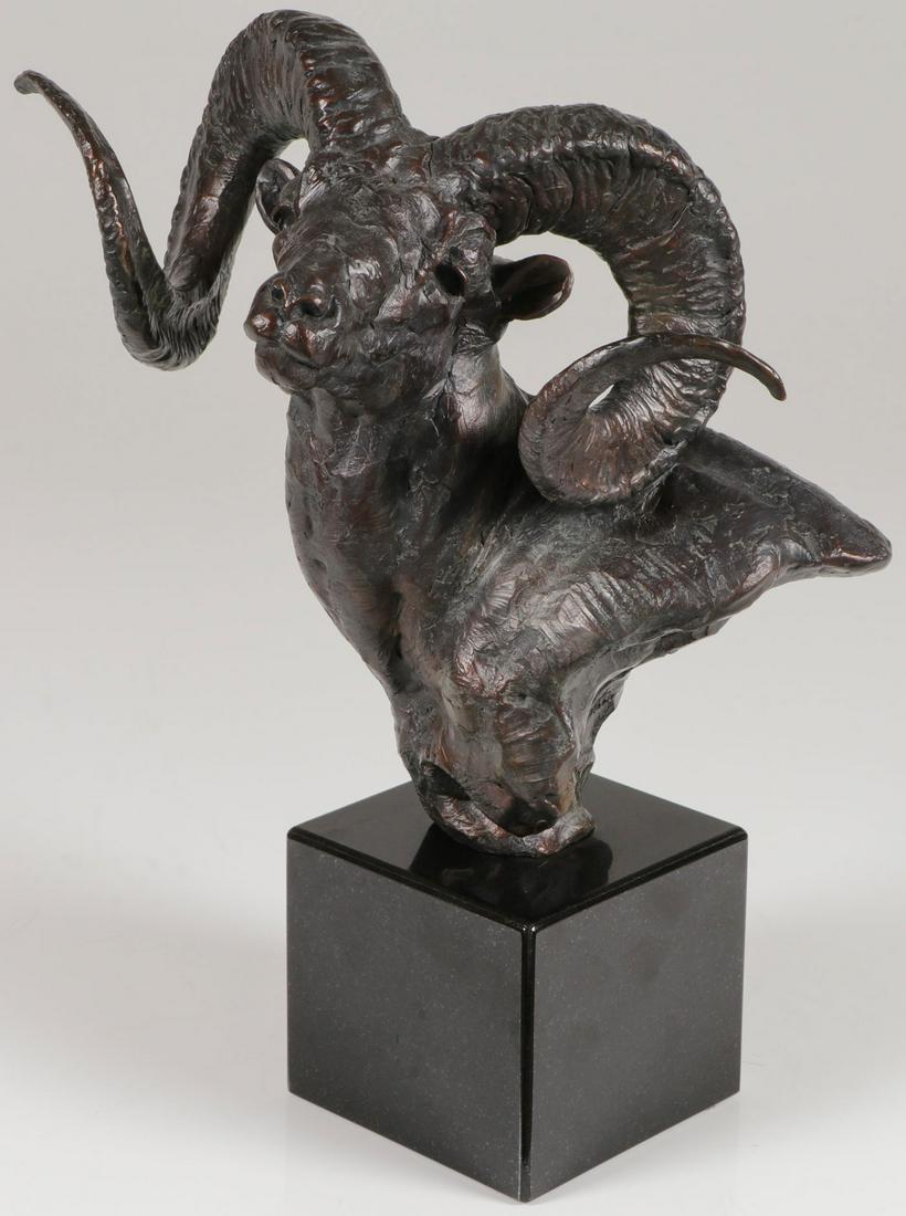 GREAT SHINABARGER BRONZE BIG HORN BUST: TIM SHINABARGER (American b. 1966-) Kluane Dall Bronze with brown patina on polished stone base Signed on base and numbered 17/35 Overall height 15 inches SHIPPING NOTICE: