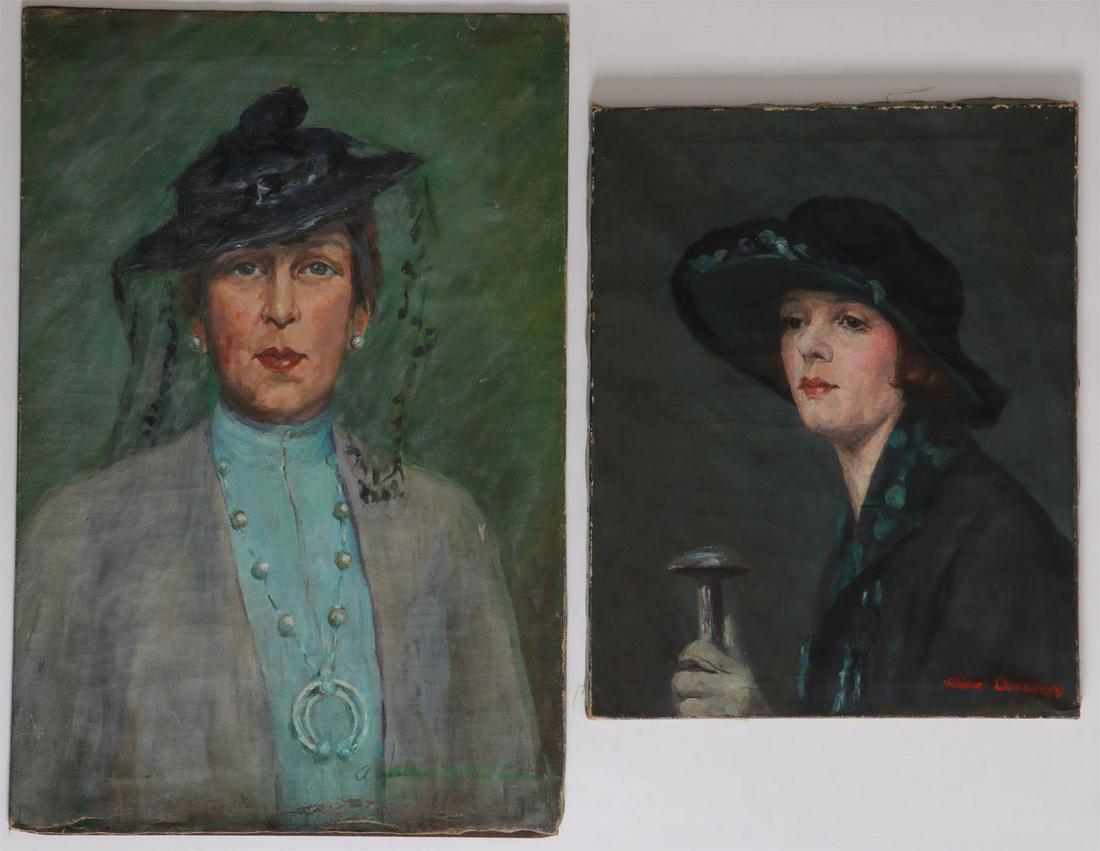 A PAIR OF SIGNED PORTRAITS CIRCA 1915-1930: A PAIR OF SIGNED PORTRAITS CIRCA 1915-1930. Comprising two oil on canvas portraits by Iowa native Alice McKee Cumming (1890- 1965). Comprising a three quarters profile portrait of a young woman with h