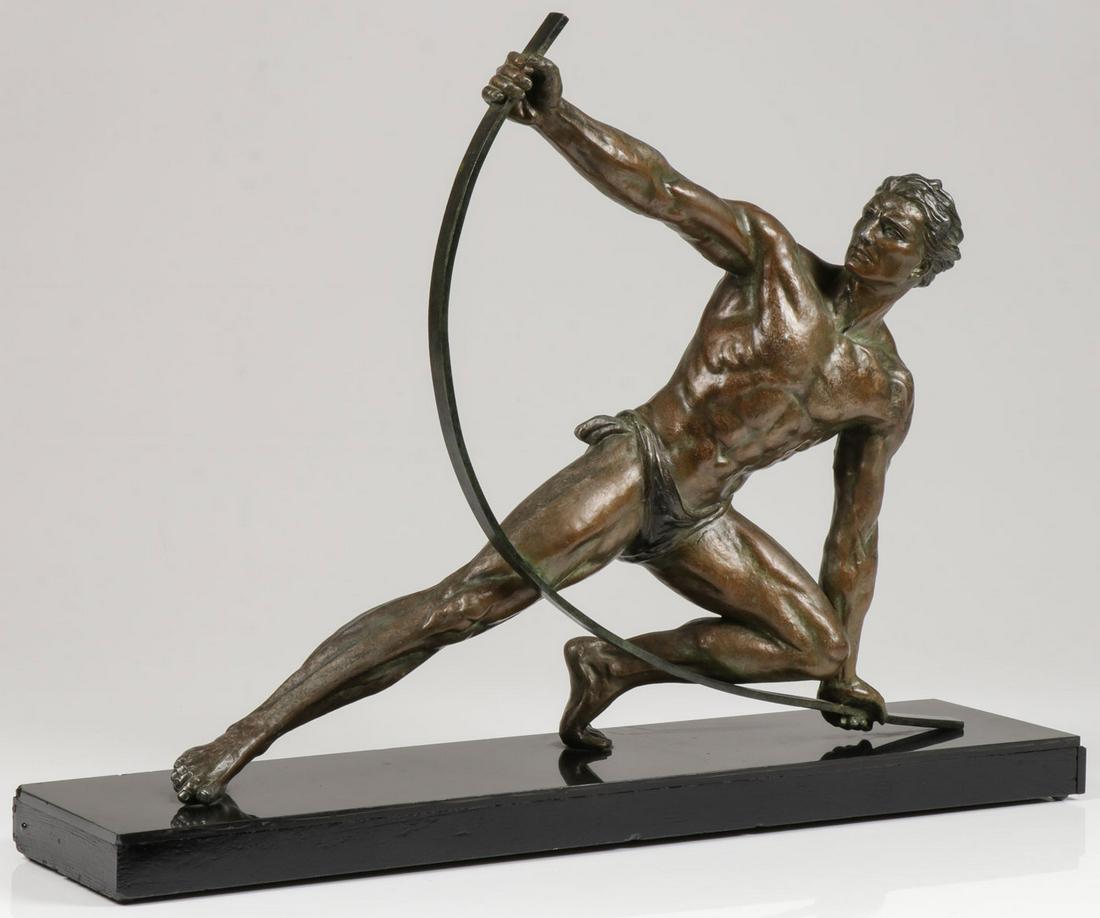 JEAN DE RONCOURT SCULPTURE C. 1930: JEAN DE RONCOURT SCULPTURE C. 1930. Comprising a large and impressive patinated metal sculpture "Le Bendeur" by French artist Jean De Roncourt (19th/20th century) depicting a muscular man bending a me
