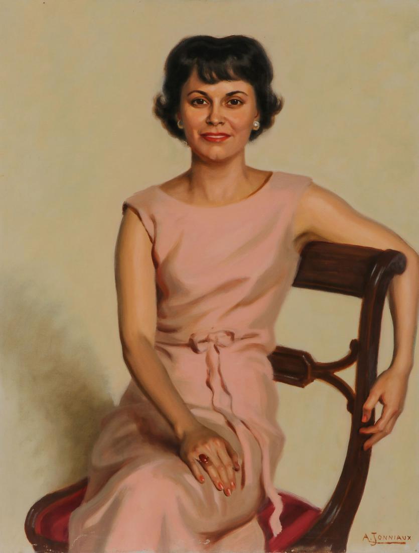 GREAT SOCIETY PORTRAIT DATED 1955: ALFRED JONNIAUX (American/Belgian 1882-1974) Portrait of a Woman in Pink Dress with Pearl Earrings - circa 1955 Oil on canvas Signed lower right "A. JONNIAUX" 36 inches x 27 inches (91.5 x 68.5 cm), u