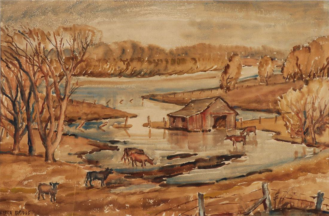 GREAT REGIONALIST GRANT WOOD STUDENT PAINTINGS C: GREAT REGIONALIST GRANT WOOD STUDENT PAINTINGS C 1940-1948. Comprising seven attractive Regionalist watercolors by noted Iowa artist Lela Powers Briggs (1896-1953). Including Spring Flooding (15 inche