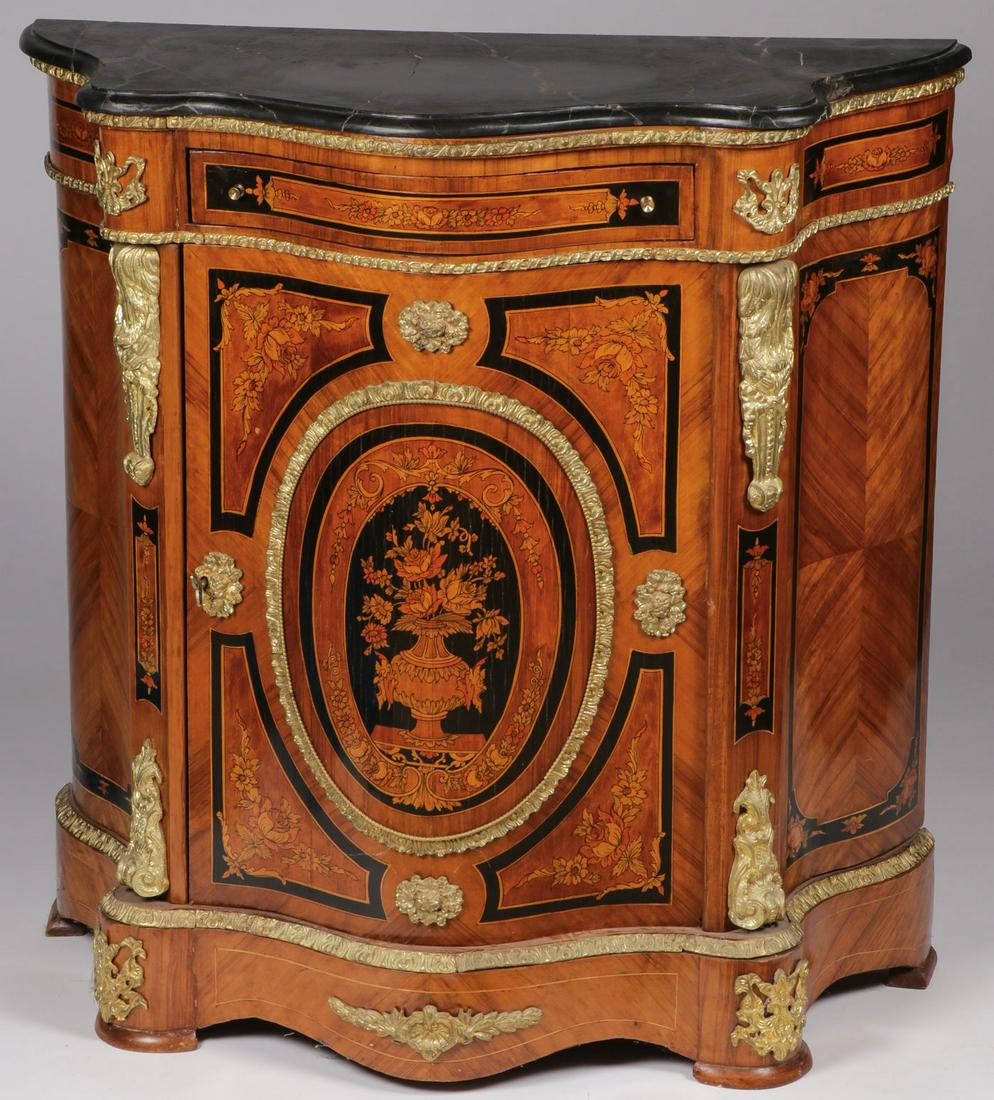 FRENCH MARQUETRY STYLE CABINET: FRENCH MARQUETRY STYLE CABINET. Comprising an impressive French cabinet with serpentine top and base and overall with ormolu decoration and conforming marble top (repaired). Height 39 inches, width 38