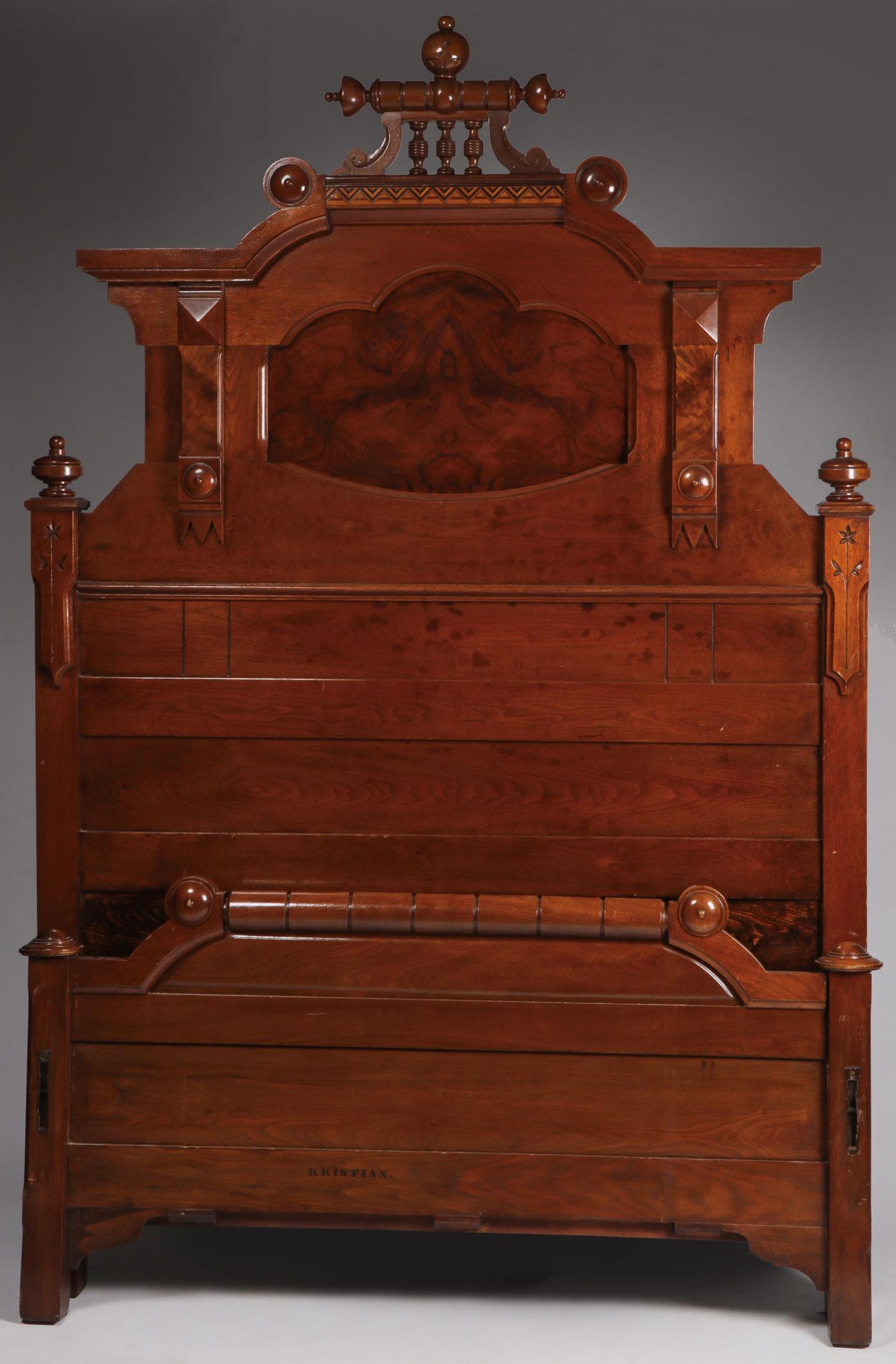 A VICTORIAN WALNUT BEDROOM SET: A VICTORIAN WALNUT BEDROOM SET. Comprising a matching bedroom set, the large headboard with burled panel, posts, and lyre-form finial. Height 87.5 inches, width 57.5 inches. Together with a matching