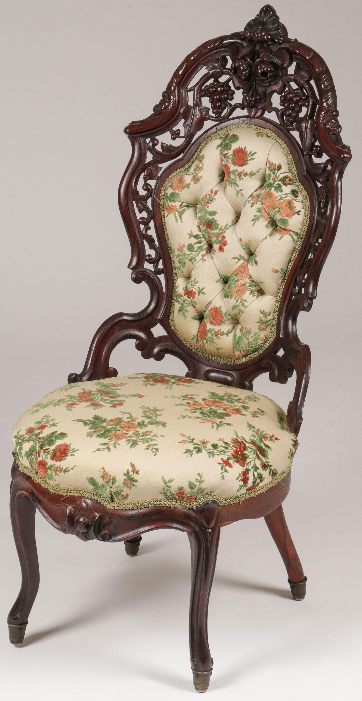 MEEKS HAWKINS ROSEWOOD CHAIR: MEEKS HAWKINS ROSEWOOD CHAIR. Comprising a finely carved J & J. W. Meeks Hawkins pattern carved side chair in the Rococo Revival style, the back rest of shield form with open work carved borders, orna