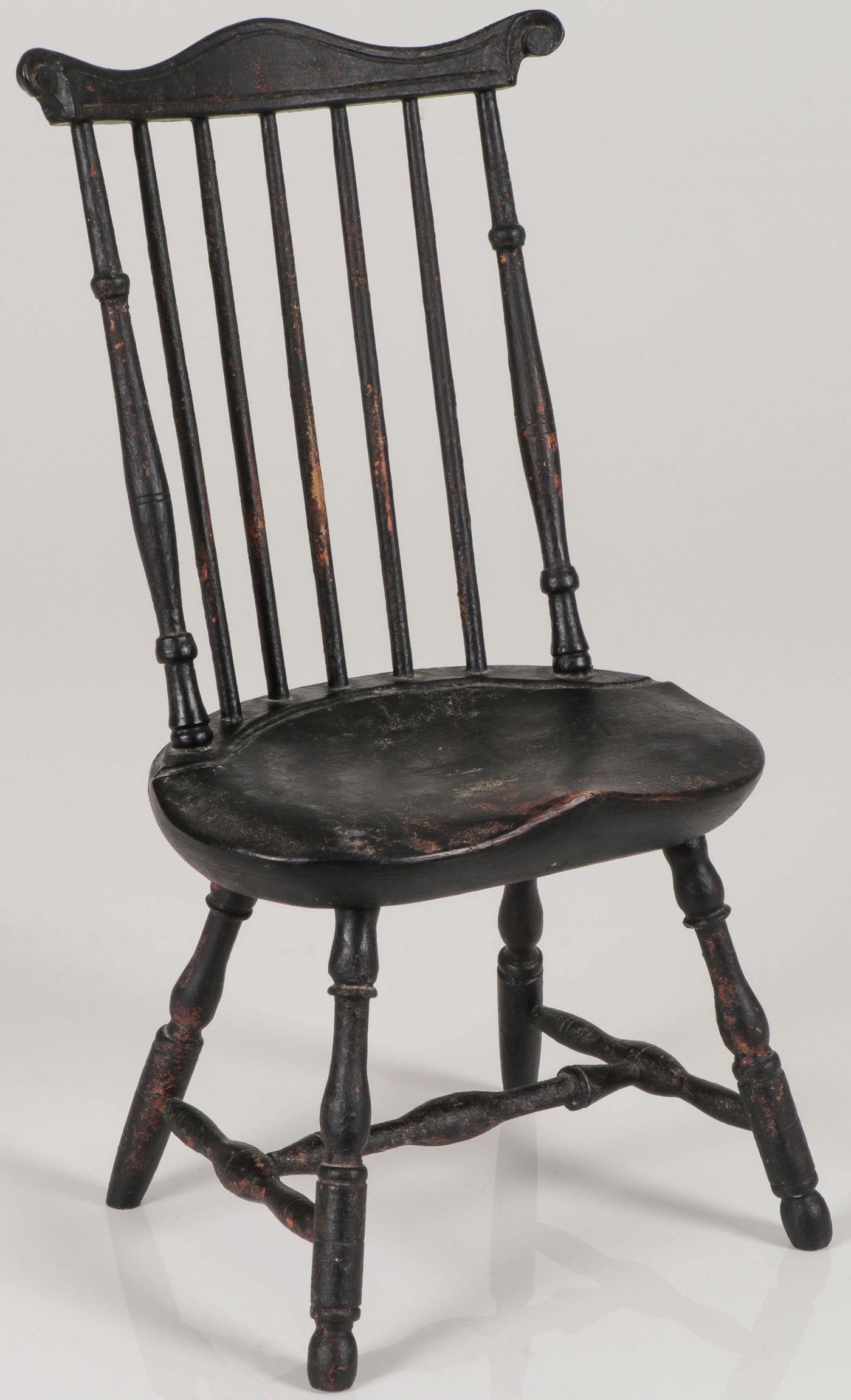 RARE SALESMAN SAMPLE CHAIR: RARE SALESMAN SAMPLE CHAIR. Comprising a hand crafted ebonized wood Windsor chair stamped on underside W. Wallick. Height 14.75 inches.SHIPPING NOTICE:Jackson's is your sole and only sou