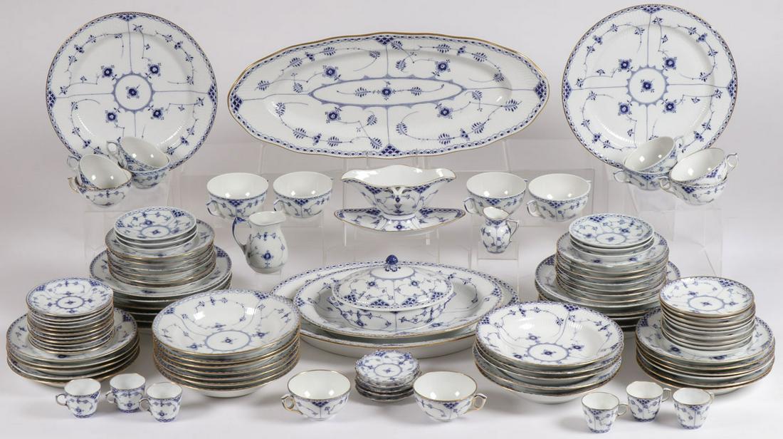 ROYAL COPENHAGEN HALF LACE SERVICE: ROYAL COPENHAGEN HALF LACE SERVICE. Comprising a 112- piece set of Royal Copenhagen Half Lace Porcelain dinner ware including 12 plates measuring 8.5 inches, 12 bowls measuring 10 inches, 14 plates me