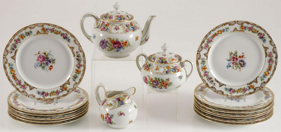 A BAVARIAN PORCELAIN TEA SERVICE & DESSERT PLATES: A BAVARIAN PORCELAIN TEA SERVICE & DESSERT PLATES. Comprising a matching three-piece Schumann Dresden Bavaria marked tea service and 13 similarly decorated porcelain dessert plates marked Royal Bayreu