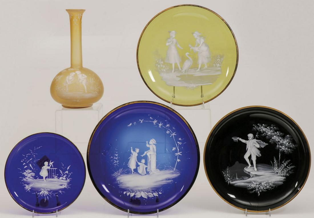 FIVE PIECES MARY GREGORY, C. 1900: FIVE PIECES MARY GREGORY, C. 1900. Comprising five pieces of Bohemian (AKA Mary Gregory) enamel decorated glass including a finely enameled amber glass bottle depicting children on a wooden fence with