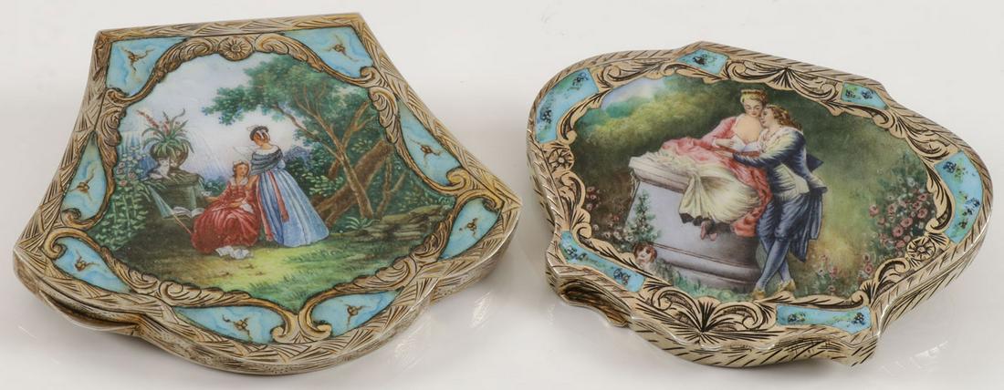 PAIR OF CONTINENTAL SILVER & ENAMEL COMPACTS C. 1: PAIR OF CONTINENTAL SILVER & ENAMEL COMPACTS C. 1920'S. Comprising two large .800 silver compacts, each heavily engraved overall and each with hinged lid decorated with enameled scene and set with mir