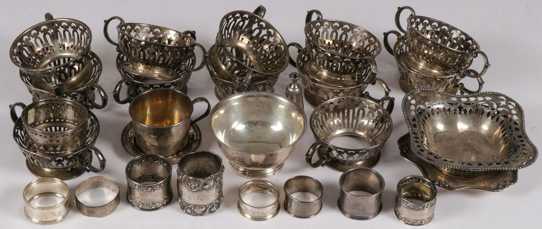 MIXED STERLING SILVER GROUP: MIXED STERLING SILVER GROUP. Comprising 30 individual pieces stamped sterling. Including double handled sherbet bowls (sans glass inserts), napkin rings, baskets, and other items by various makers. Gr