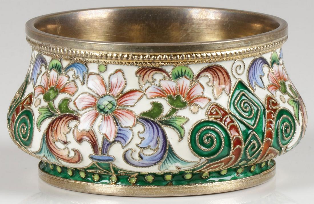 RUSSIAN SILVER & ENAMEL SALT FEODOR RÜCKERT: RUSSIAN SILVER & ENAMEL SALT FEODOR RÜCKERT. Comprising a large and impressive master salt cellar of circular form with bulbous body enameled with intricate multi-colored shaded floral and foliate pa