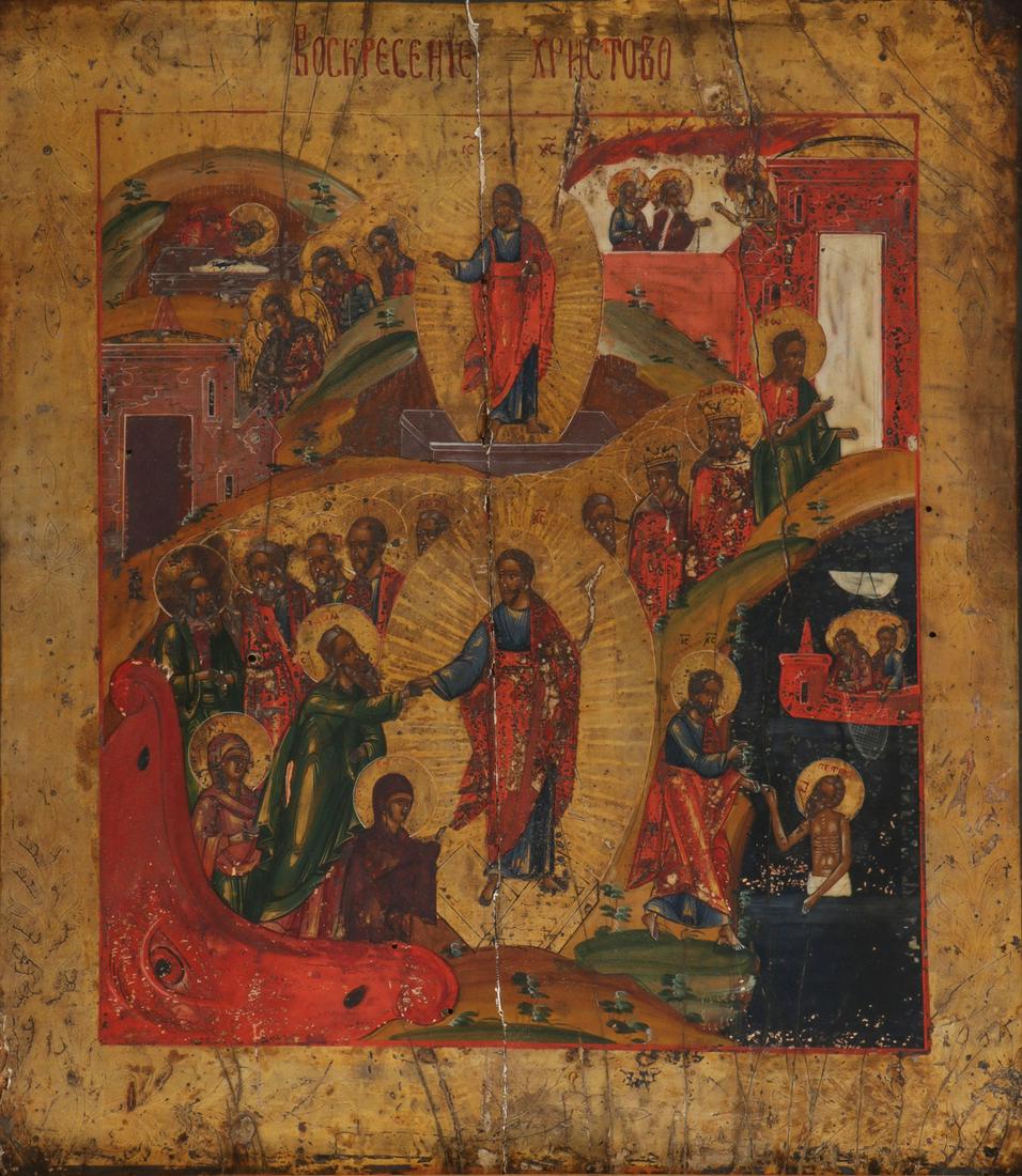 RUSSIAN ICON OF THE RESURRECTION AND DESCENT, 19T: RUSSIAN ICON OF THE RESURRECTION AND DESCENT, 19TH C. Executed on a gold leafed ground, perhaps from a Nevyansk workshop, the panel with a vertical center crack (separated), otherwise in essentially u