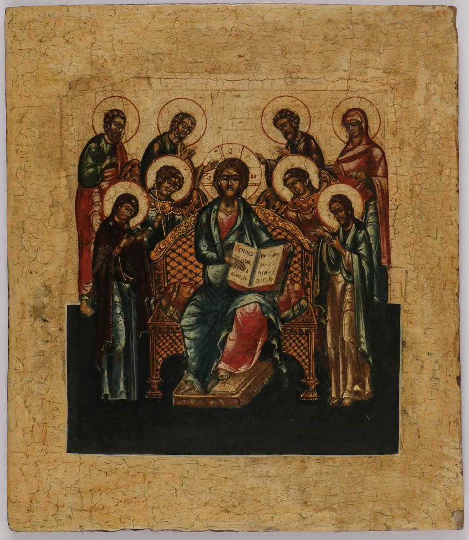 RUSSIAN ICON OF THE EXTENDED DIESIS: RUSSIAN ICON OF THE EXTENDED DIESIS. Depicting the enthroned Christ flanked by the Mother of God, John the Forerunner, the Archangels Gabriel and Michael, Saints Peter and Paul, and others, 19th centu