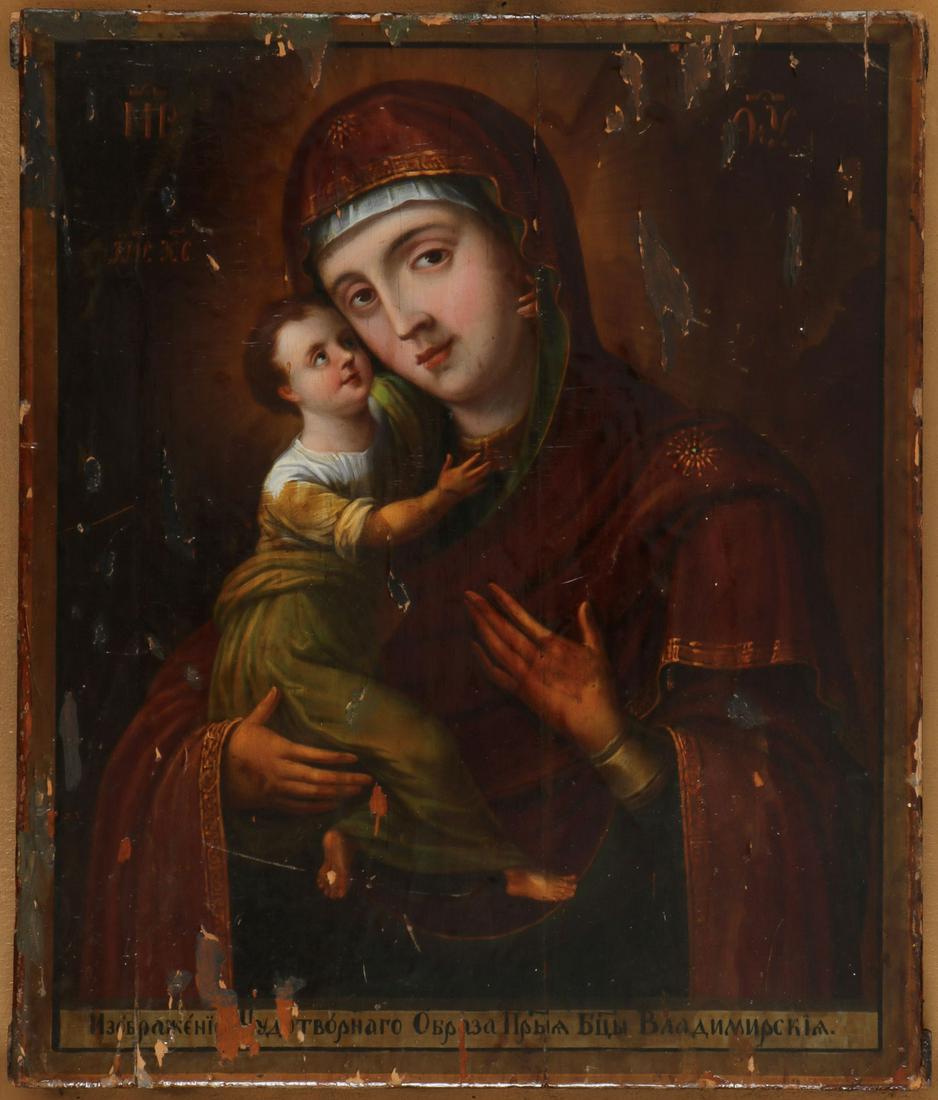 A PAIR OF RUSSIAN ICONS, 19TH CENTURY: A PAIR OF RUSSIAN ICONS, 19TH CENTURY. Comprising two Russian icons colorfully executed in the Western style, and each contained in a shadow box frame. Including an icon of the Vladimir Mother of God 
