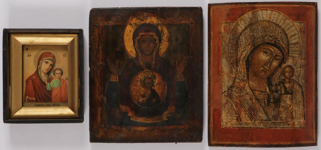 THREE RUSSIAN ICONS, 19TH C: THREE RUSSIAN ICONS, 19TH C. Comprising a small icon of the Kazan Mother of God in shadow box frame circa 1900, being a color lithograph on wood panel. Together with an icon of the Sign Mother of God 
