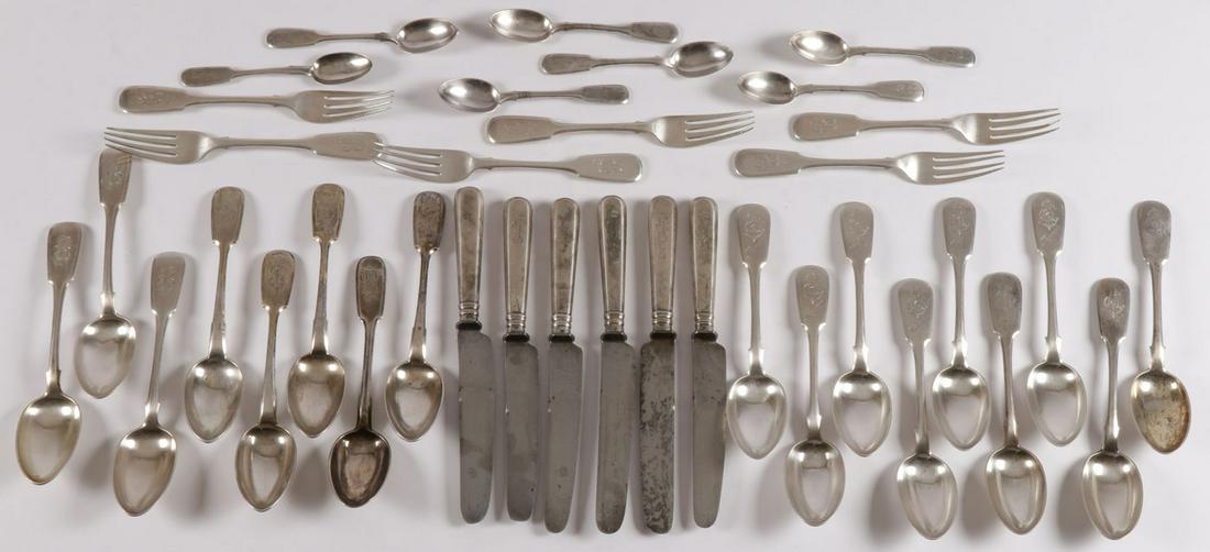 LARGE VINTAGE RUSSIAN SILVER LOT: LARGE VINTAGE RUSSIAN SILVER LOT. Comprising 6 forks, 12 serving spoons, and 7 tea spoons, each hallmarked Moscow 1894 with Cyrillic maker's mark for Nemirov-Kolodkin, greatest length 8.5 inches (21.5