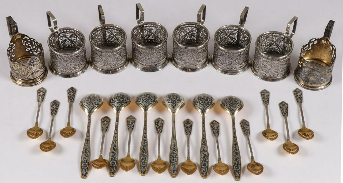 RUSSIAN SILVER & NIELLO: RUSSIAN SILVER & NIELLO. Comprising 20 individual pieces of Russian (Soviet Period) silver & niello including 12 matching silver gilt and niello teaspoons with Soviet period marks 875, length 5.5 inch
