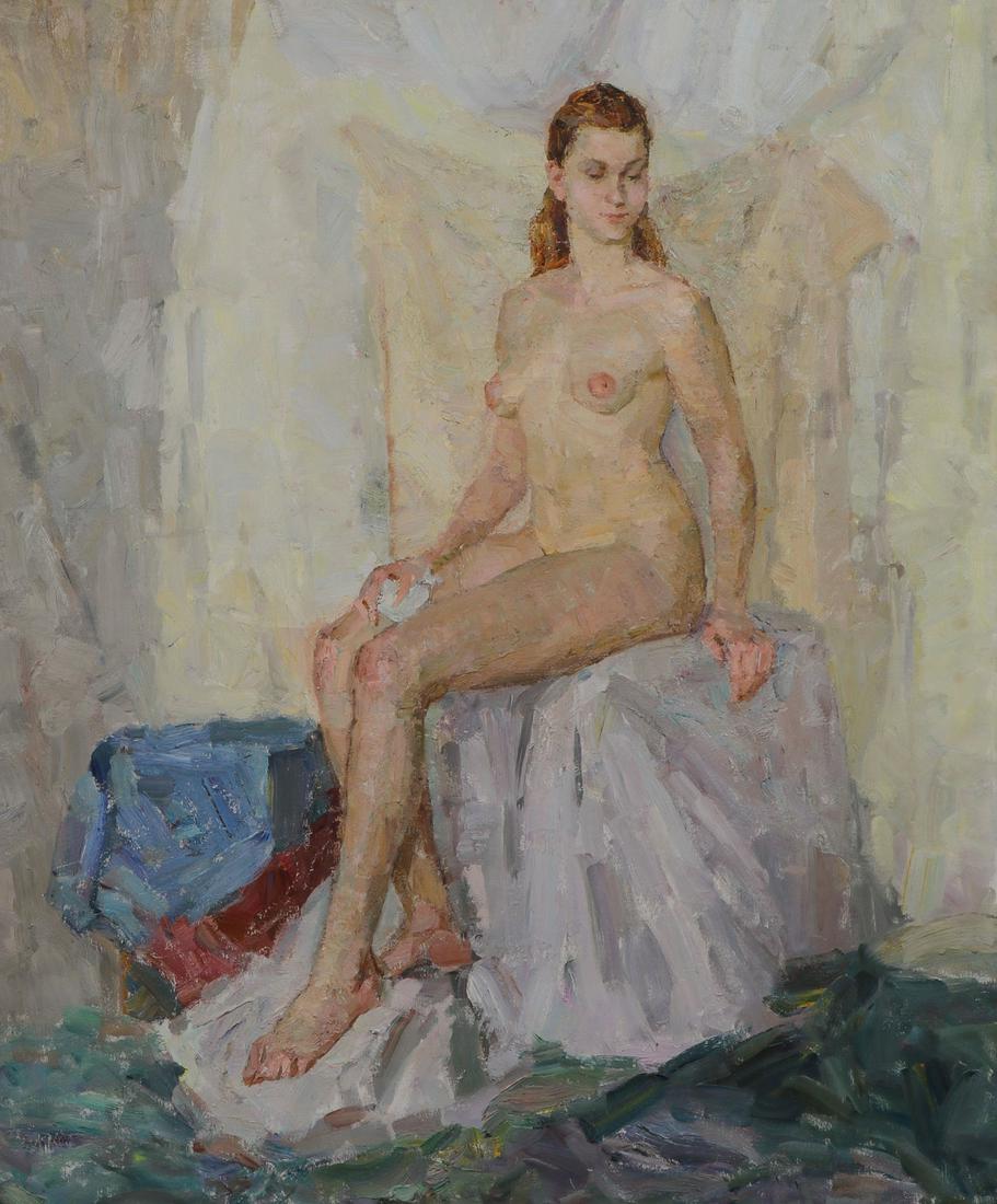 PAIR RUSSIAN NUDE PAINTINGS: ALINA SEMENENKO (Ukrainian 20th century) A Seated Female Nude and a Standing Female Nude - a pair Oil on canvas Both signed in Cyrillic script on verso and one titled "Vika," the other titled "Nude"