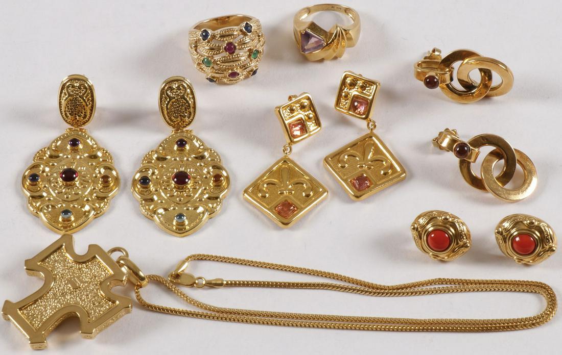 GREAT BYZANTINE REVIVAL GOLD: GREAT BYZANTINE REVIVAL GOLD. Comprising a great group of gold jewelry, many examples in the byzantine revival style, most pieces in 14 karat gold (23.7 dwt) and a few in 18 karat (8.1 dwt), including