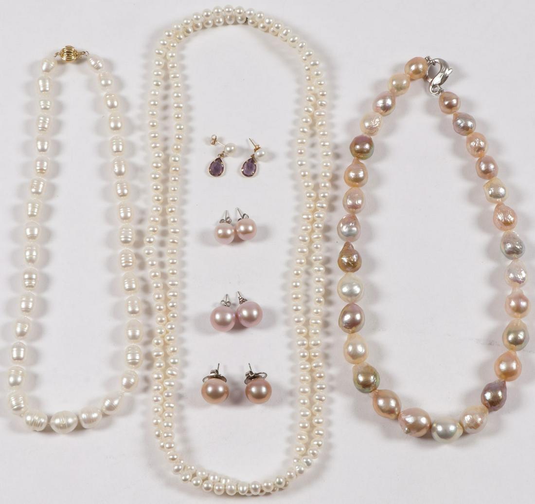 BEAUTIFUL BAROQUE PEARL NECKLACE & MORE: BEAUTIFUL BAROQUE PEARL NECKLACE & MORE. Comprising a single strand necklace with 29 multi-colored baroque pearls, length 17 inches, another single strand necklace with smaller baroque pearls with 14 