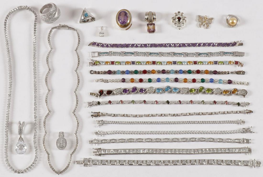 LARGE GROUP GORGEOUS SILVER JEWELRY: LARGE GROUP GORGEOUS SILVER JEWELRY. Comprising over 20 ornate sterling silver jewelry pieces set with a variety of precious and semi-precious gemstones as shown including 11 tennis bracelets in vario