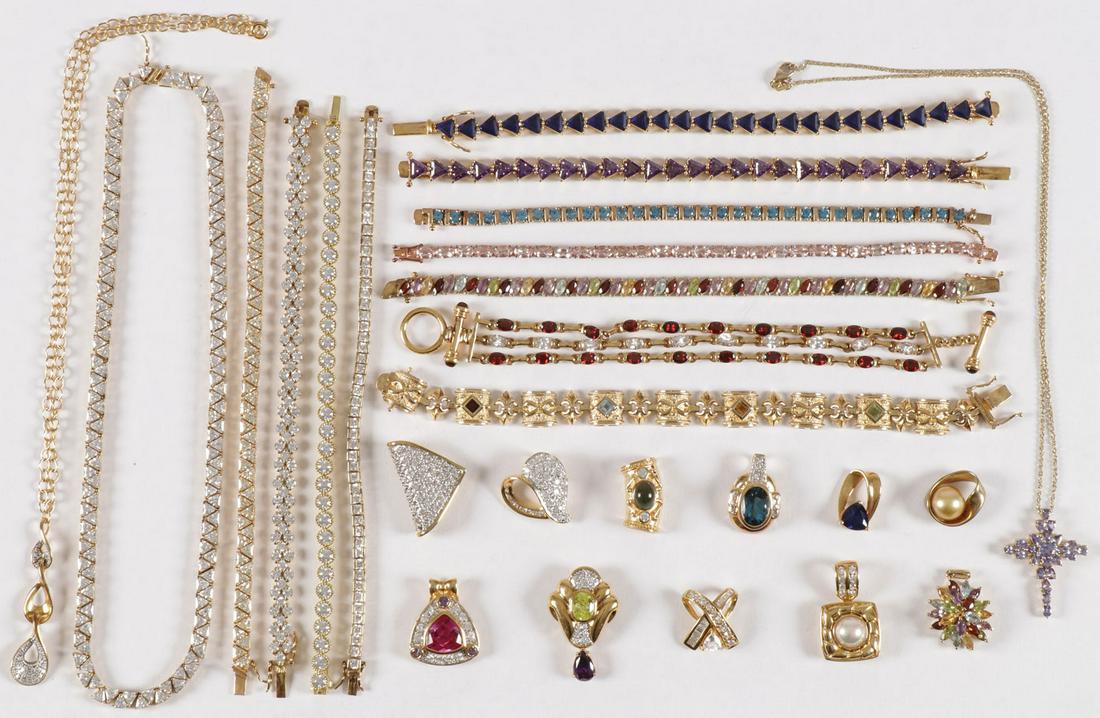 ORNATE GROUP GOLD-PLATED SILVER: ORNATE GROUP GOLD-PLATED SILVER. Comprising 25 lovely gold-plated silver jewelry pieces set with a variety of precious and semi-precious gemstones as shown including nine tennis bracelets in various c