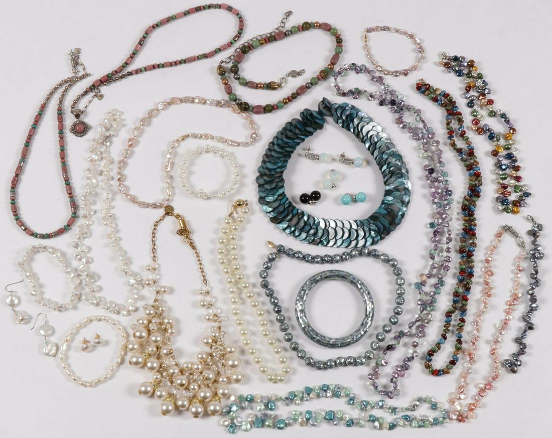 SHELL, PEARL, & STONE JEWELRY: SHELL, PEARL, & STONE JEWELRY. Comprising over 20 individual items including shell, mother-of-pearl, and stone bead necklaces and bracelets, together with two faux-pearl necklaces. An attractive group