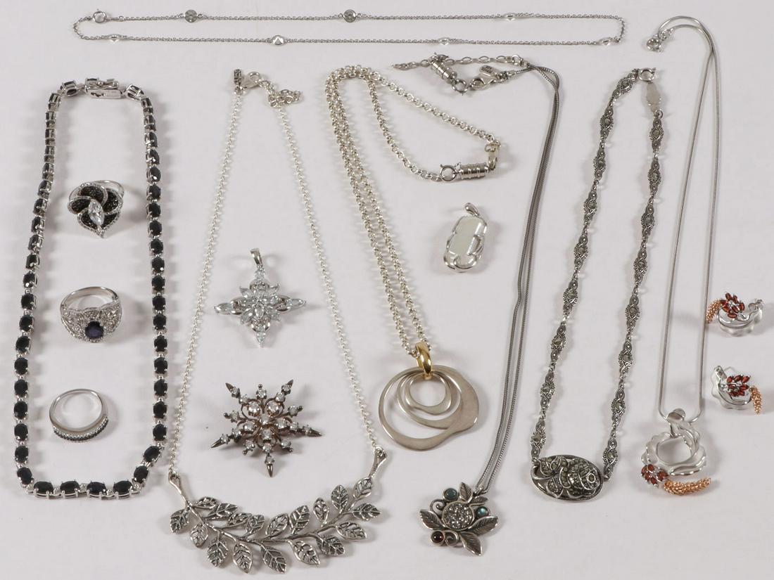 BEAUTIFUL GROUP OF SILVER JEWELRY: BEAUTIFUL GROUP OF SILVER JEWELRY. The large group of sterling silver jewelry set with various decorative elements as shown, some matching sets, many vintage-style examples, including a beautiful neck
