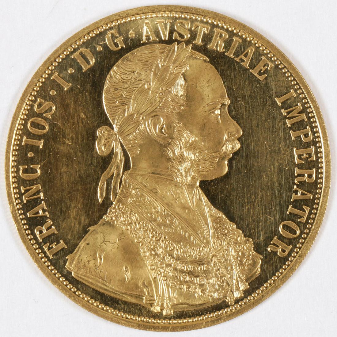 AN AUSTRIAN 4 DUCAT GOLD COIN: AN AUSTRIAN 4 DUCAT GOLD COIN. Comprising an Austrian four ducat gold restrike dated 1915. SHIPPING NOTICE: Jackson's is your sole and only source for one stop packing and shipping. With
