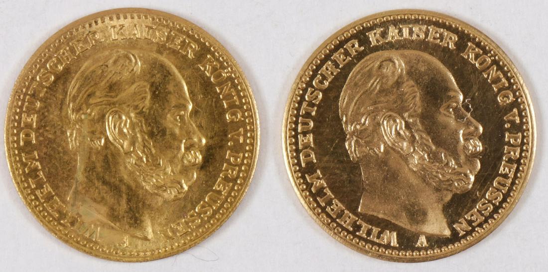 TWO 1877 PRUSSIAN 5 MARK GOLD COINS: TWO 1877 PRUSSIAN 5 MARK GOLD COINS. Comprising a pair of Prussian 5 mark coins dated 1877. SHIPPING NOTICE: Jackson's is your sole and only source for one stop packing and shipping. With