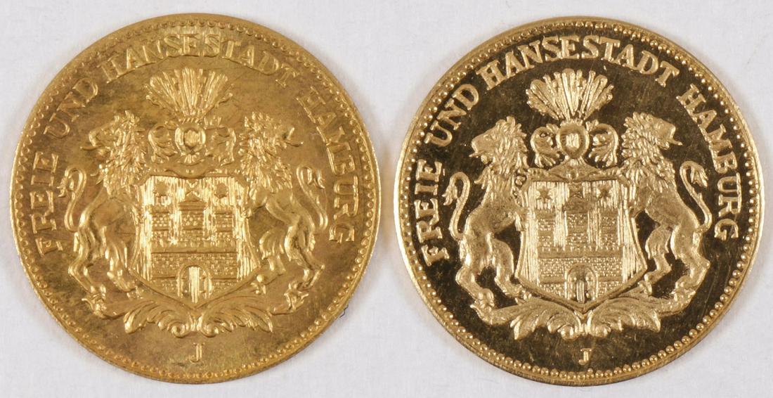 A PAIR OF 1877 5 MARK GOLD COINS: A PAIR OF 1877 5 MARK GOLD COINS. Comprising two Hamburg Germany 5 mark coins dated 1877. SHIPPING NOTICE: Jackson's is your sole and only source for one stop packing and shipping. With o