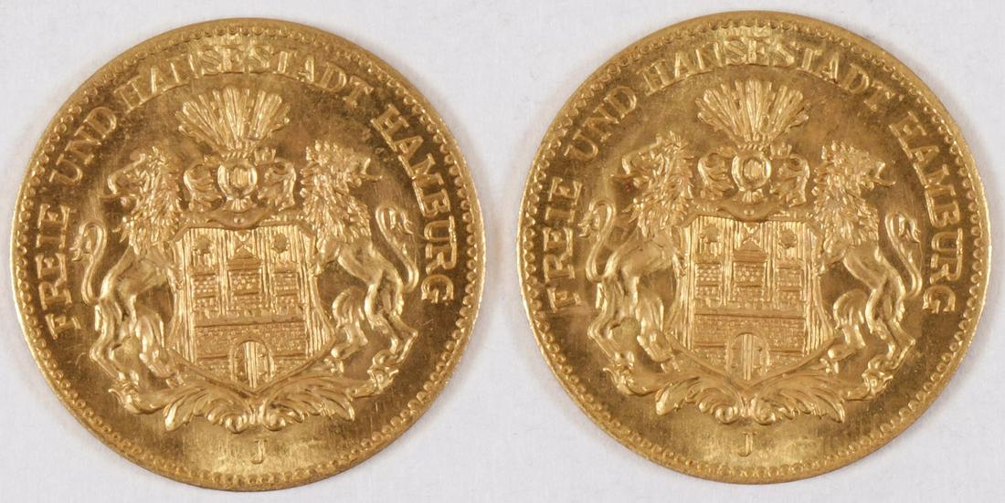 A PAIR OF 1877 5 MARK GOLD COINS: A PAIR OF 1877 5 MARK GOLD COINS. Comprising two Hamburg Germany 5 mark coins dated 1877. SHIPPING NOTICE: Jackson's is your sole and only source for one stop packing and shipping. With o