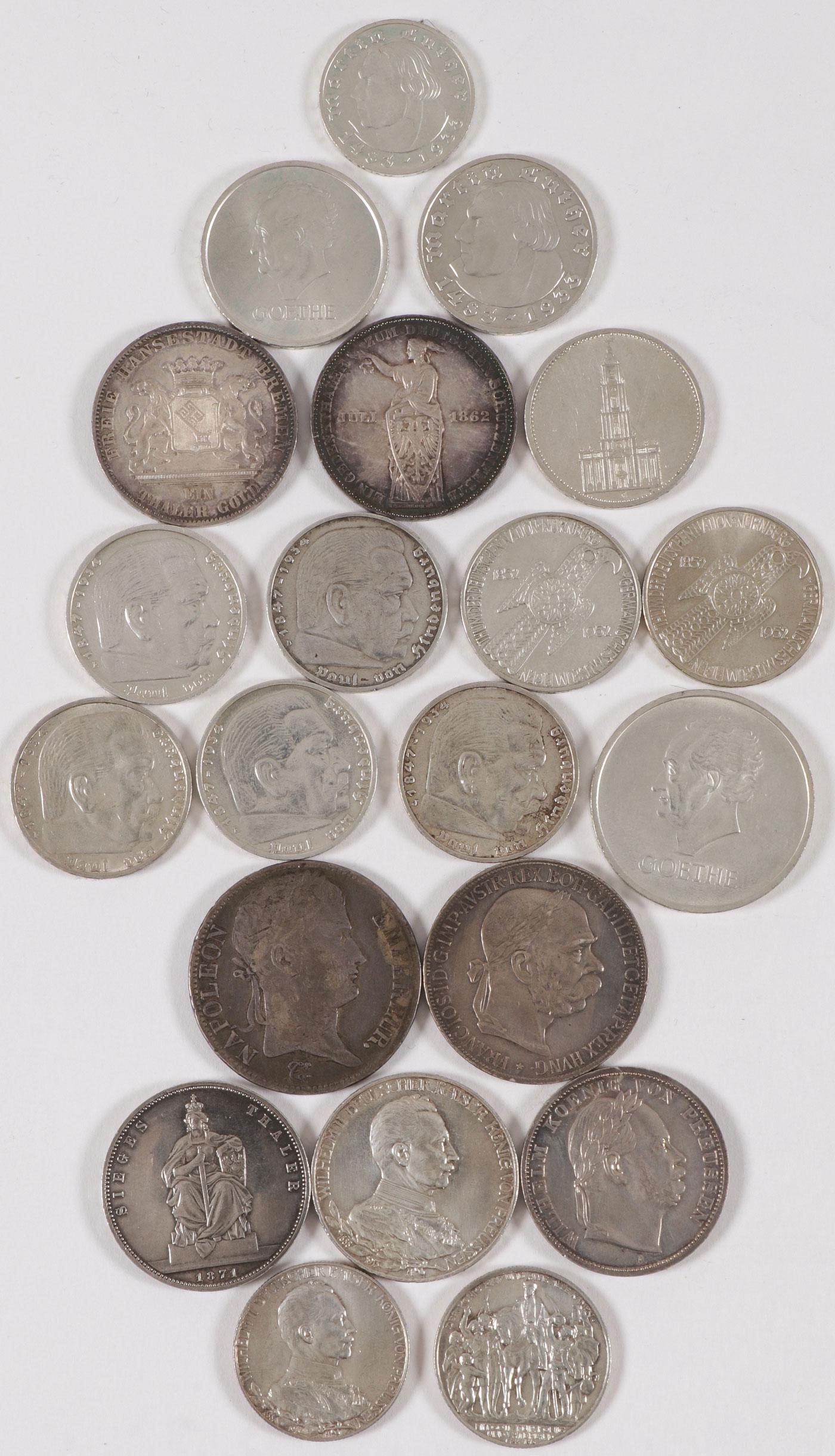 21 GERMAN AND OTHER EUROPEAN SILVER COINS: 21 GERMAN AND OTHER EUROPEAN SILVER COINS. Comprising an 1812 French 5 francs specimen, a 1900 Austrian 5 corona specimen, an 1866 Prussian Vereinsthaler, an 1871 Prussian Sieges Thaler, a 1913 Prussi
