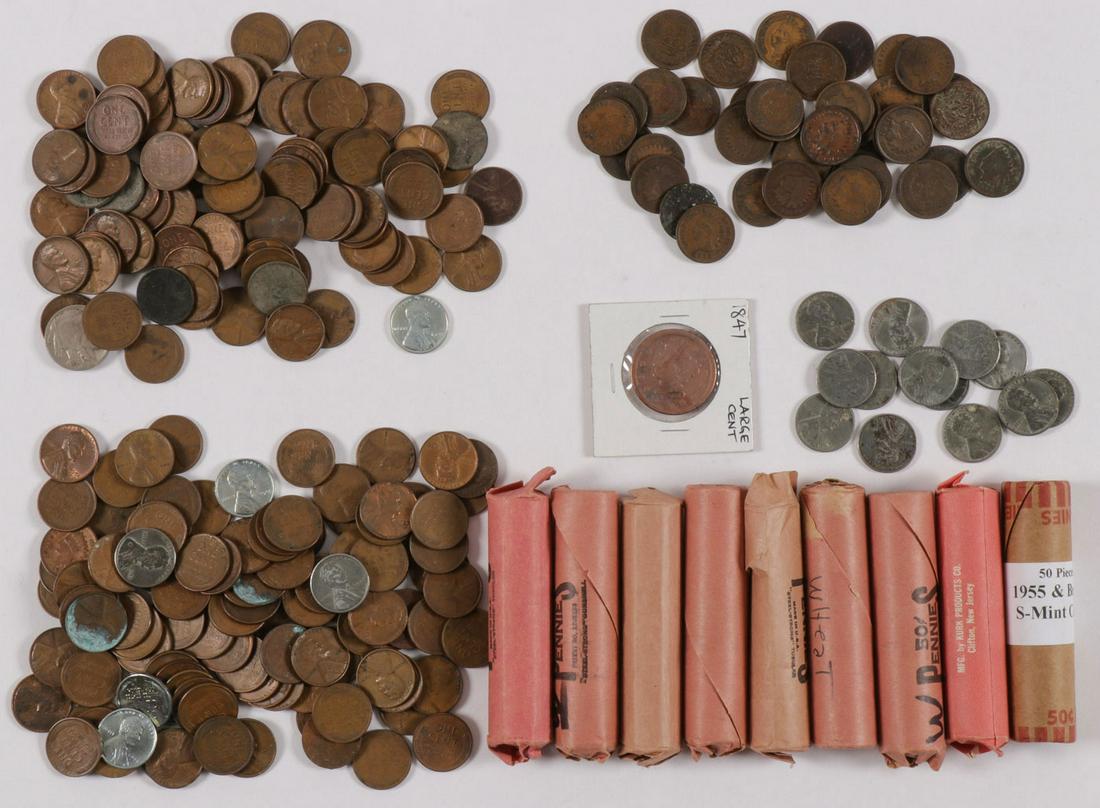 690 U.S. INDIAN HEAD AND WHEAT PENNIES: 690 U.S. INDIAN HEAD AND WHEAT PENNIES. Comprising an 1847 large cent specimen, 42 Indian head specimens (dates ranging from 1882-1908), and over 600 wheat back specimens (dates ranging from 1920-1959
