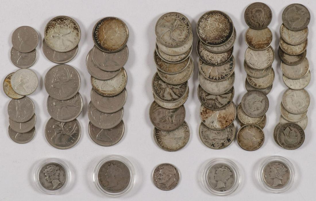 42 U.S. AND CANADIAN SILVER COINAGE: 42 U.S. AND CANADIAN SILVER COINAGE. Comprising three Mercury head dimes (1923, 1943, and 1944), 17 Canadian silver quarters (dates ranging from 1937-1966), 23 Canadian silver dimes (dates ranging fro