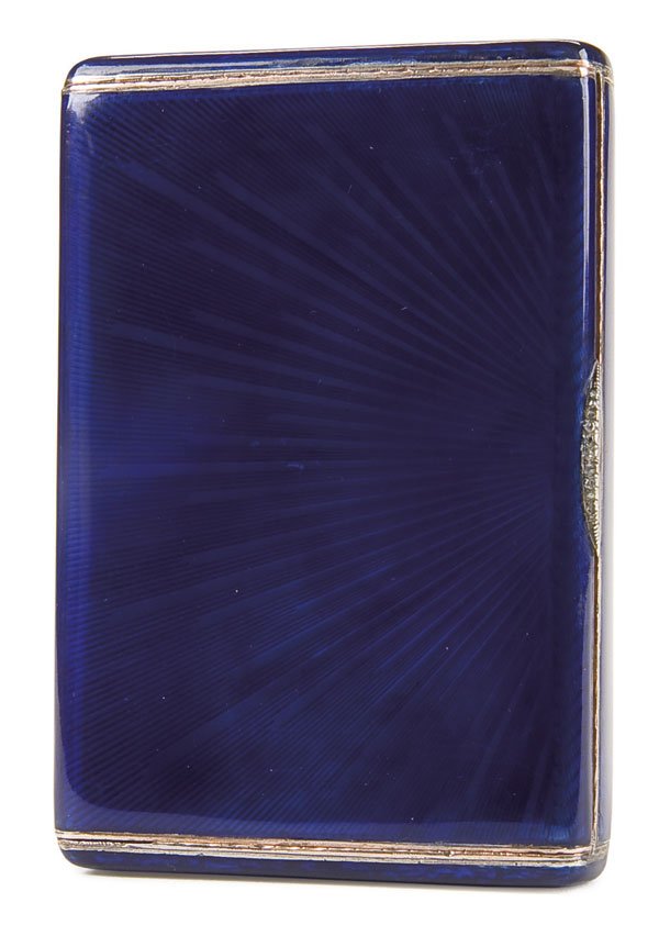 Russian Faberge silver-gilt cigarette case: A FABERGE GUILLOCHE ENAMELED SILVER-GILT CIGARETTE CASE, Feodor Afanassiev, St. Petersburg 1908-1917. The surface overall enameled in dark translucent blue over a sunburst ground and with diamond set