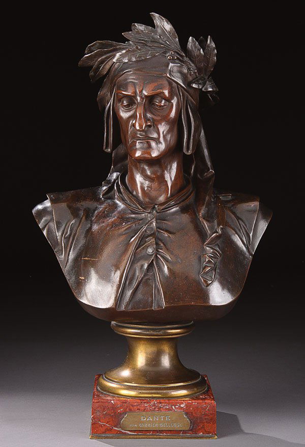 Bronze, Albert Carrier-Belleuse, Dante: ALBERT ERNEST CARRIER-BELLEUSE (French 1824-1887) Bust of Dante Bronze with dark brown and reddish-brown patina Signed on verso 'A. Carrier', resting on a polished marble base with vintage engraved ti
