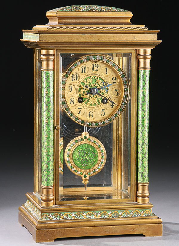 Regulator clock, Japy Fres for Davis Collamore: A JAPY FRES FOR DAVIS COLLAMORE JEWELED AND CHAMPLEVE ENAMELED BRONZE CRYSTAL REGULATOR circa 1900 the bronze movement with a bezel of white & green paste gemstones above a matching pendulum with cham