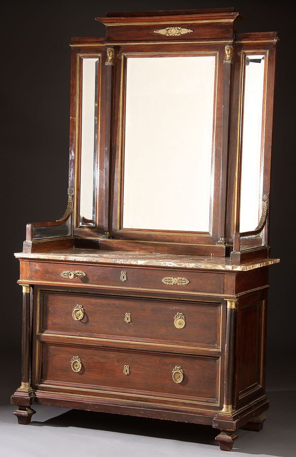 Furniture, Napoleon III sideboard: A FINE NAPOLEON III ROSEWOOD AND MARBLE TOPPED SIDE BOARD late 19th century in the directoire style with beveled mirror above a three drawer base with gilt bronze mounts. Height 94 inches x 54 inches 