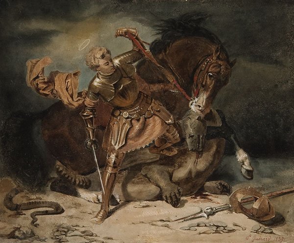 Religious painting, Eugene Giuerard (French) : EUGENE CHARLES FRANCIS GUERARD (French 1821-1866) St. George Slaying the Dragon - 1839 Watercolor on pressed board Signed lower right 'E. Guerard' and dated 1839 14.25 inches x 17.25 inches (36.5 x 44