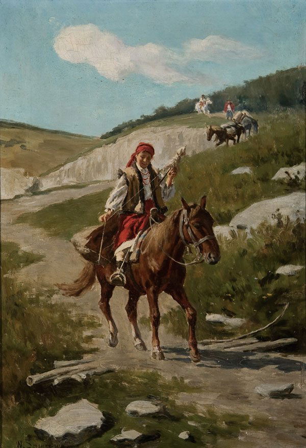 Painting, Wladyslaw Szerner (Polish) Peasant Girl: WLADYSLAW SZERNER SR. (Polish 1836-1915) Peasant Girl on Horseback Spinning Wool Oil on canvas Signed lower left W. Szerner 24.25 inches x 16.75 inches (61.5 x 42.5 cm) Estimate $5,000-$10,000 *It has