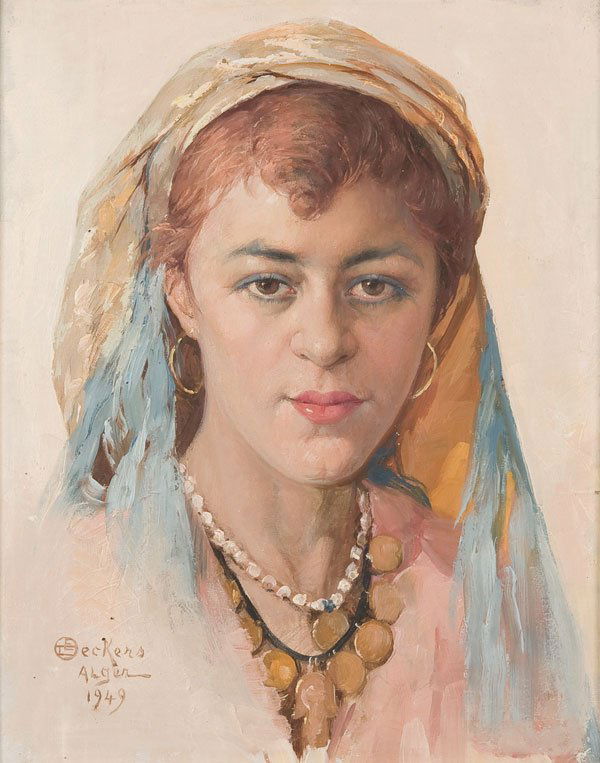 Painting, Emile Deckers (Belgian) Arab Female: EMILE DECKERS (Belgian 1885-1968) An Arab Beauty - 1949 Oil on board Signed lower left 'Deckers Algiers 1949' 11.75 inches x 9.5 inches (30 x 23.5 cm) Estimate $3,500-$5,000