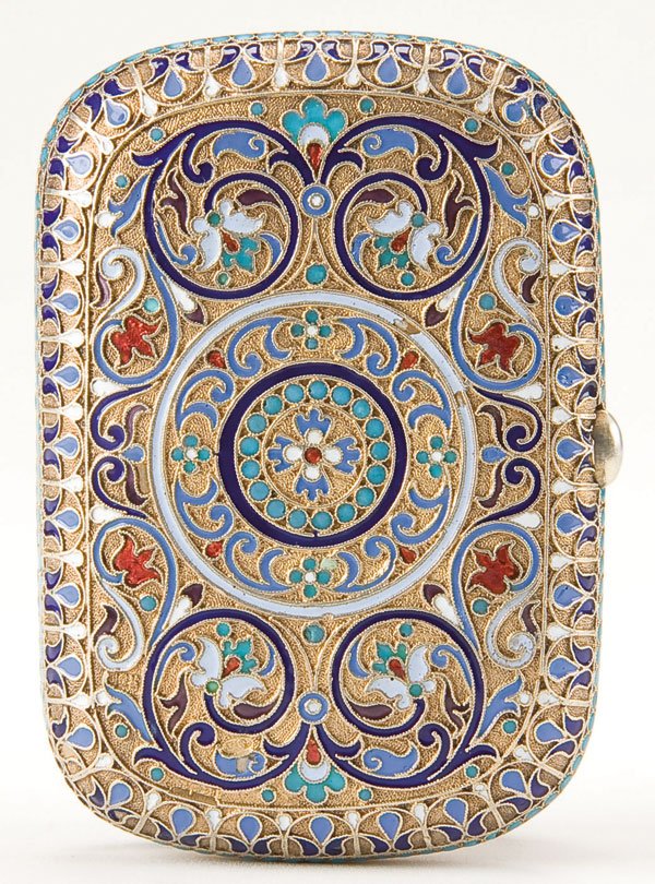 Russian silver-gilt and enamel cigarette case: A RUSSIAN SILVER-GILT AND CLOISONNE ENAMELED CIGARETTE CASE, Moscow circa 1890. Overall enameled in scrolling foliage and beaded border. Hallmarked Moscow, 84 standard and indistinguishable maker's ma