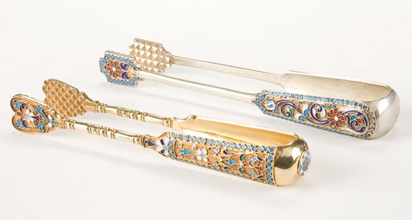 Pair Russian silver-gilt and enamel sugar tongs: A PAIR OF RUSSIAN SILVER-GILT AND CLOISONNE ENAMELED SUGAR TONGS, Moscow 1899-1908. Both with 84 standard and Cyrillic maker's mark ''I.Z.'' Greatest length 5.25 inches (13.3 cm). Estimate $600-$900