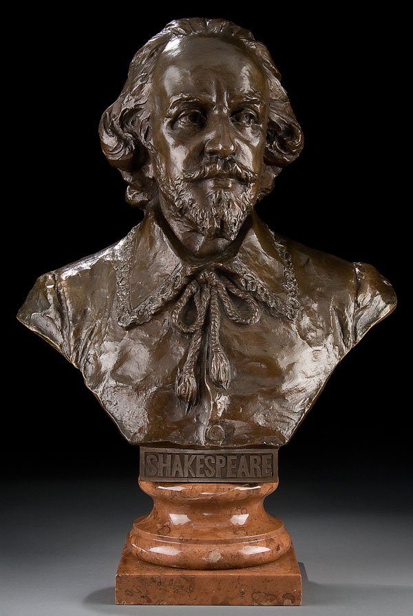 Bronze, H. Muller (German) Shakespeare: H. MULLER (German 19th century) Bust of Shakespeare Bronze with brown patina resting on a carved marble pedestal Inscribed on base H. Muller Height 18.5 inches (47 cm). Height including marble base 19