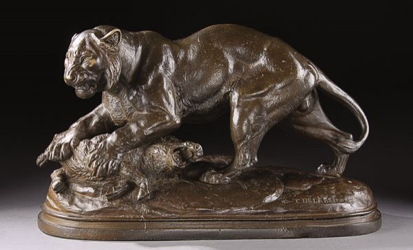Bronze, Edouard Delabrierre (French) Lion: EDOUARD PAUL DELABRIERRE (French 1829-1912) Lion attacking a Boar Bronze with brown patina Inscribed on base 'E. Delabrierre' Overall height 10 inches, width 17 inches (25.5 x 43 cm) Estimate $800-$1,