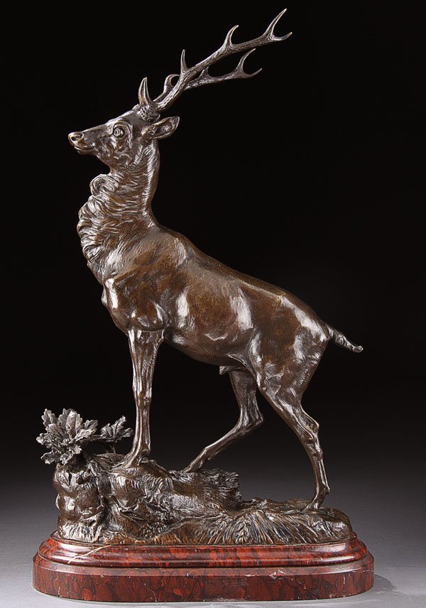 Bronze, Paul Comolera (French) Stag: PAUL COMOLERA (French 1818-1897) A Majestic Stag Bronze with brown patina resting on a polished marble base Inscribed on base 'P. Comolera' Height excluding base 20.5 inches (52 cm). Overall 22.25 inc