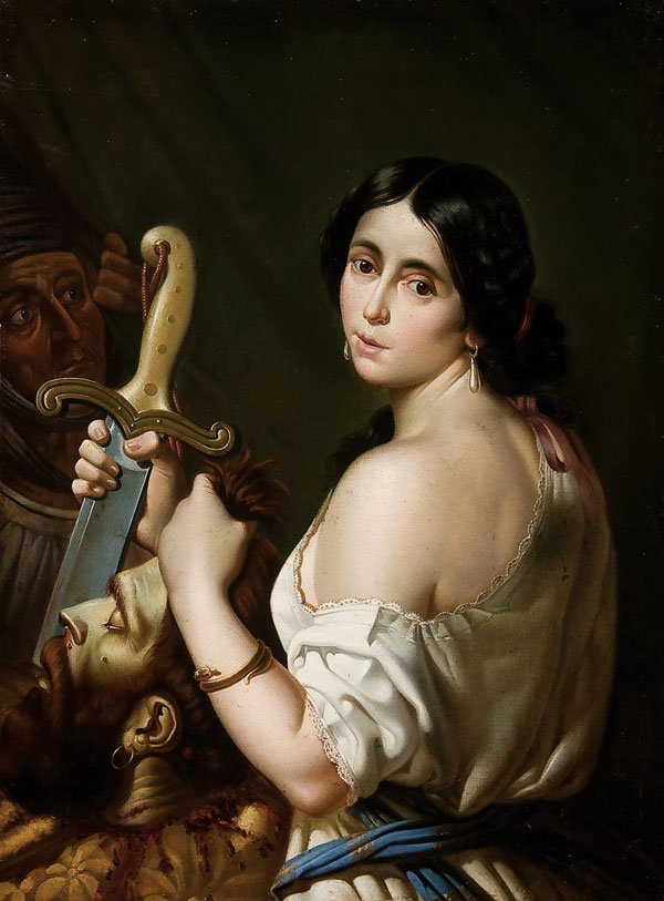 Religious Italian painting, Judith and Holofernes: ITALIAN SCHOOL (19th century) Judith with the Head of Holofernes Oil on canvas Apparently unsigned, stretcher inscribed 1866 40.75 inches x 30.5 inches (103.5 x 77.5 cm) Estimate $2,500-$3,500