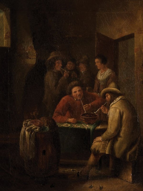 Dutch painting, Interior Tavern Scene: DUTCH SCHOOL (18th/19th century) Interior Tavern Scene Oil on canvas Signed lower left 16.25 inches x 13 inches (41.3 x 33 cm) Estimate $600-$800