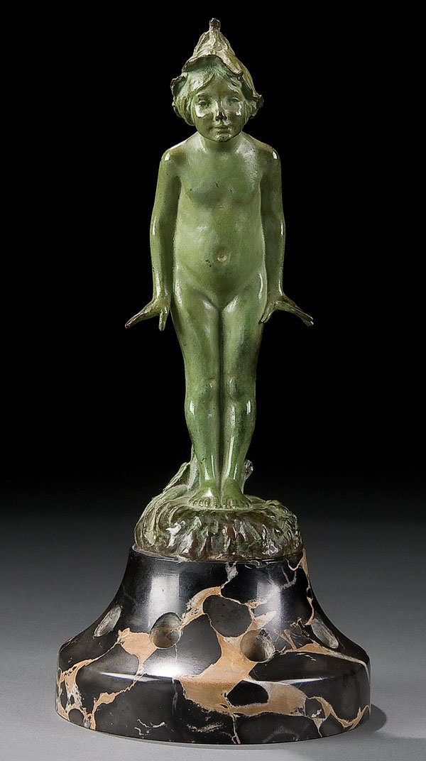 Bronze, Edward Berge (American) nymph figure: EDWARD HENRY BERGE (American 1876-1924) Wildflower Bronze with green patina mounted on a polished marble frog base Signed on base 'Berge' and with foundry mark 'A.A.F. NY' and number 49 Height 6.6 inc